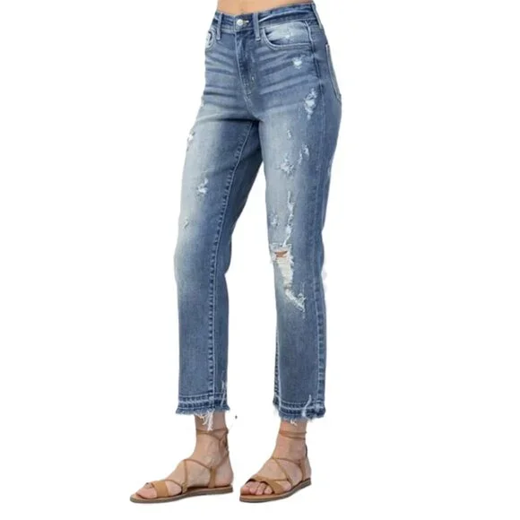 Judy Blue High Waist Relase Hem Ankle Straight Leg Jeans - Picture 2 of 3